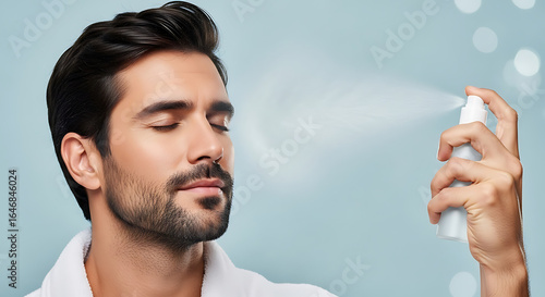 Handsome young man with a beard spraying a refreshing facial mist for hydration. Men's skincare and grooming beauty routine concept.