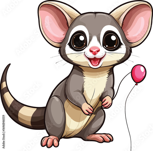 Cartoon Opossum With Balloon Playful Vector Illustration For Childrens Books And Educational Resources Isolated On White Background Depicting Innocence And Lightheartedness