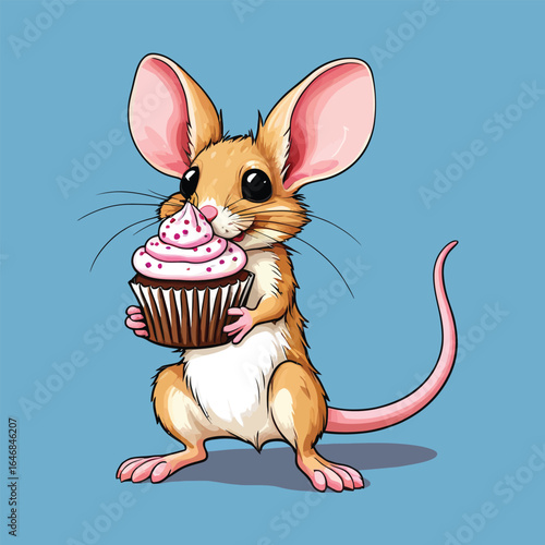 Cartoon Mouse Holding Cupcake Whimsical Illustration For Childrens Books Party Invitations And Sweet Treat Designs