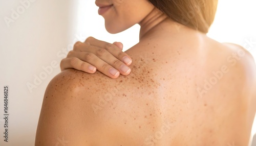 Womans back with sunspots, and skincare.