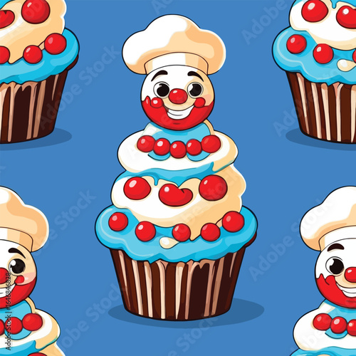 Playful Cupcake Clown Cartoon Seamless Pattern Whimsical Vector Design For Kids Crafts Party Decorations And Sweet Treat Themed Projects In A Bright And Colorful Style