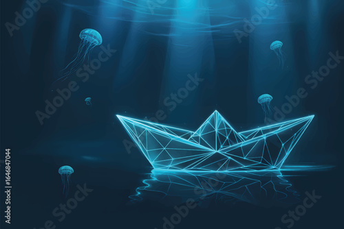 A digital art piece of a glowing paper boat floating in a deep blue underwater environment