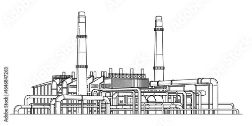 Detailed Line Art of Industrial Plant with Chimneys and Piping Systems on White
