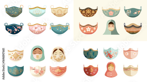 Stylish decorative face mask and hijab illustration set with floral patterns, pastel colors, and fashionable protective wear designs for women.