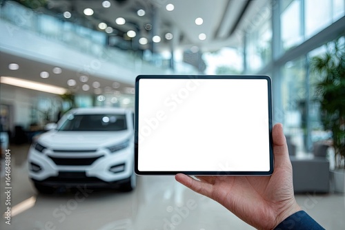 Hand holding tablet in car showroom