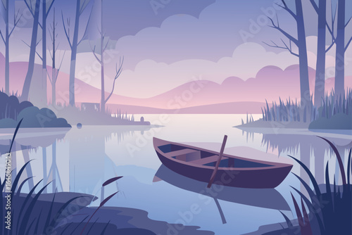 Tranquil lake scene with a rowboat at dawn or dusk