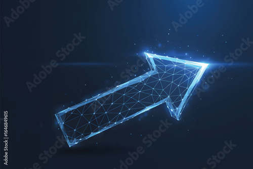 A digital illustration of a glowing blue arrow made of low-poly wireframe triangles on a deep blue background