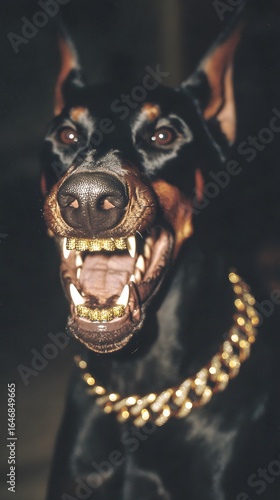 Menacing black and tan Doberman dog with golden grillz and a heavy gold chain collar.