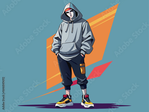 Oversized grey hoodie with kangaroo pocket, paired with black jogger pants and chunky sneakers