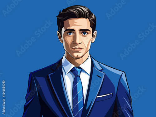 Classic navy blue business suit with a tailored fit, paired with a crisp white dress shirt and silk tie