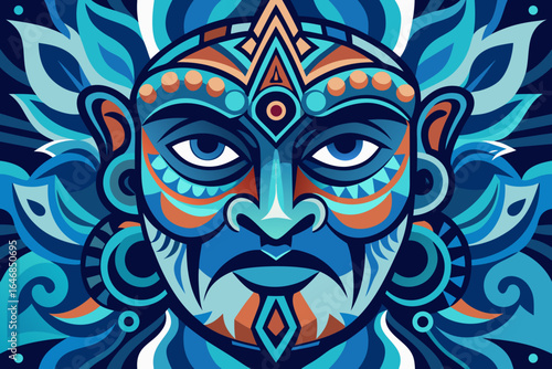 Captivating tribal mask design with vibrant blue and orange abstract patterns evokes cultural artistry and modern style
