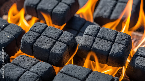Close-up of glowing charcoal briquettes