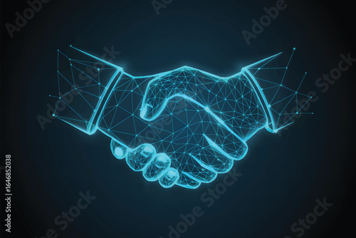 A digital illustration of a handshake rendered in bright cyan-blue neon light