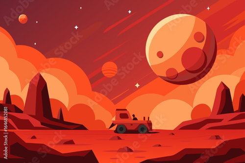 Mars rover exploring alien planet landscape with large moon and distant planets