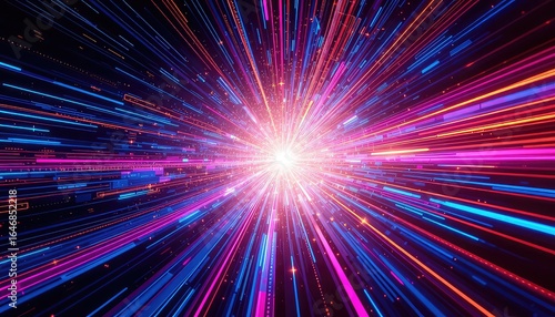 Futuristic glowing streams of light in vibrant colors burst forth from a central point of intense energy