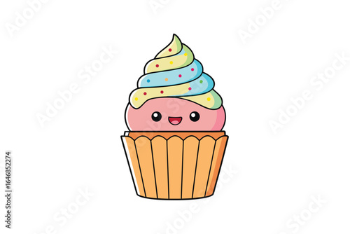 Adorable kawaii-style cupcake with pastel swirl frosting and a smiling face—radiating joy, charm, and playfulness. Perfect for food-themed or cute, character-driven designs.