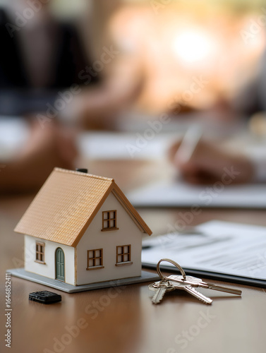 A miniature house model with keys on a table, suggesting a real estate transaction or homeownership discussion.