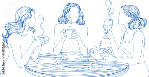 Line Art Illustration Three Women Enjoying Coffee, Wine, and Salad at Brunch