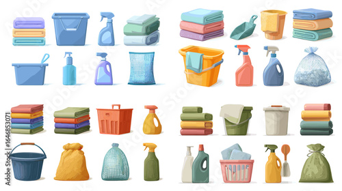 Realistic collection of cleaning supplies including spray bottles, buckets, cloths, and garbage bags, isolated on white background for hygiene and housekeeping concepts.