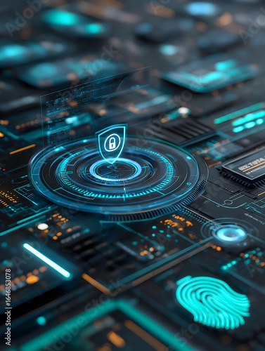 A futuristic digital interface featuring a glowing lock symbol, fingerprint, and circuit patterns, emphasizing cybersecurity and technology.