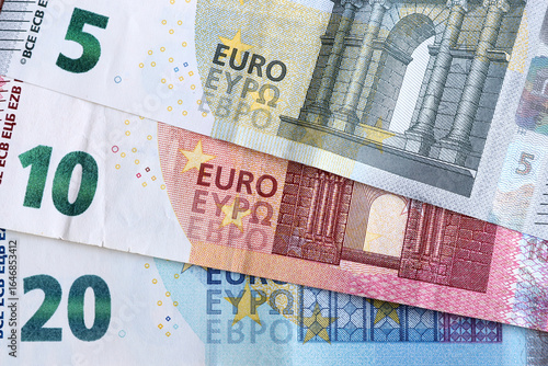 European currency, 5-10-20 euro banknotes arranged in a fan-like arrangement