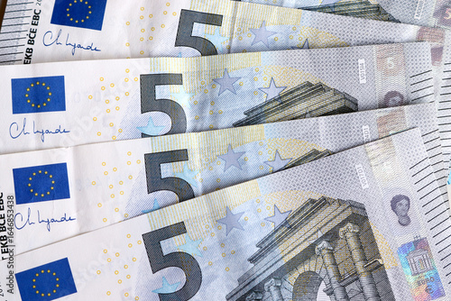 European currency, 5 euro banknotes arranged in a fan-like arrangement