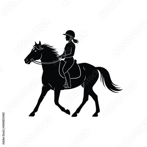 Silhouette of a horse and rider performing dressage, isolated on white background the horse is in motion, with the rider in a classic posture