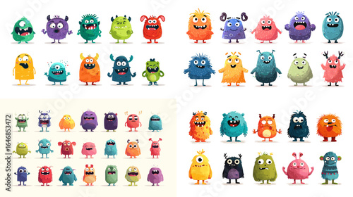 Playful collection of small, colorful cartoon monsters with unique expressions, isolated on white background for children’s illustrations and games.
