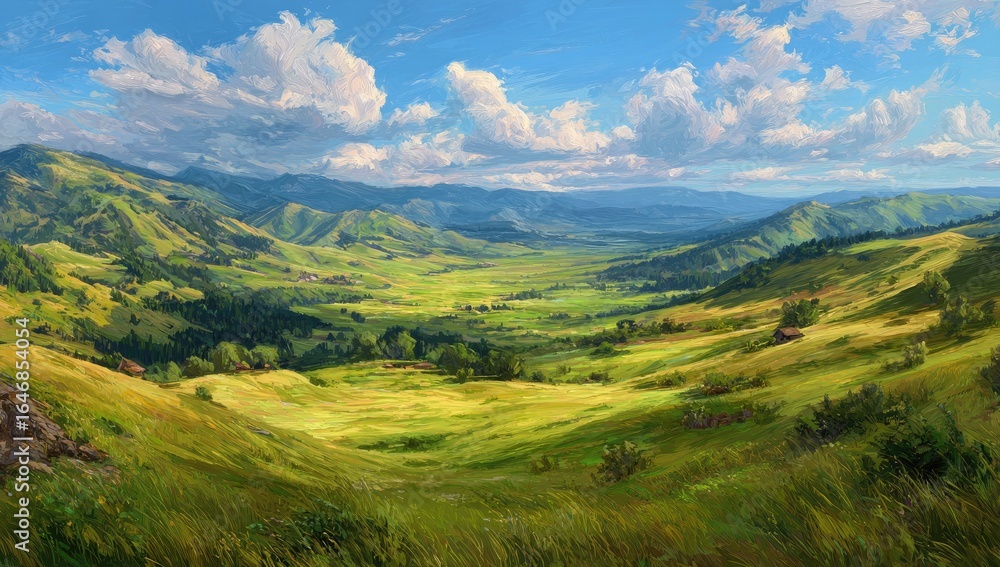 Naklejka premium Panoramic vista of a valley nestled between rolling hills. Lush green meadows and forests extend into a distant valley beneath a vibrant blue sky dotted with fluffy white clouds