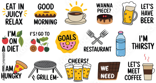 Cartoon Food and Drink Stickers with Motivational Quotes for Diet, Relaxation, and Socializing on White Background
