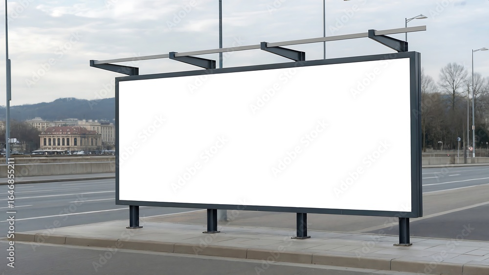 Obraz premium Blank billboard on the side of a road in a city, perfect for outdoor advertising and promotional campaigns