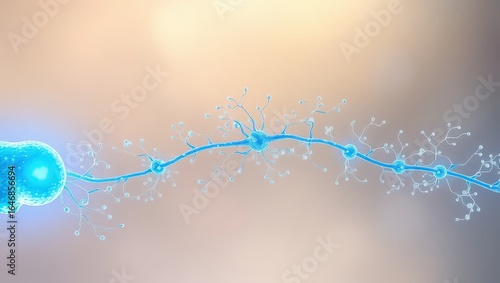A detailed render of a neuron with a blue axon and dendrites on a blurred gradient background