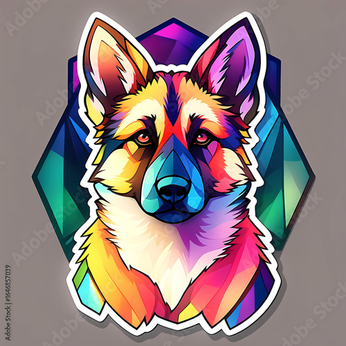 beautiful art design of a rainbow German shepherd dog portrait against stained glass background