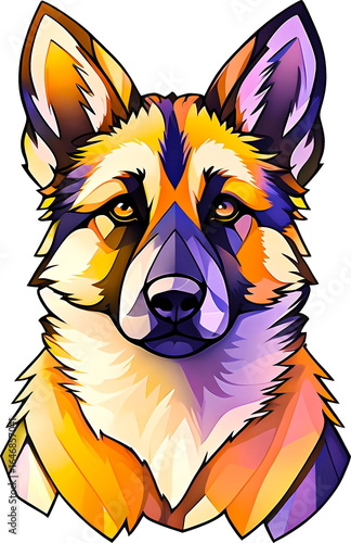 beautiful art design of a brown, purple, and orange German shepherd dog portrait (transparent background)