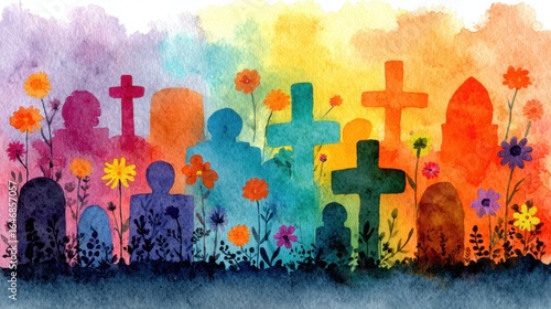 Colorful watercolor graveyard with cross silhouettes and flowers. All Saints' Day