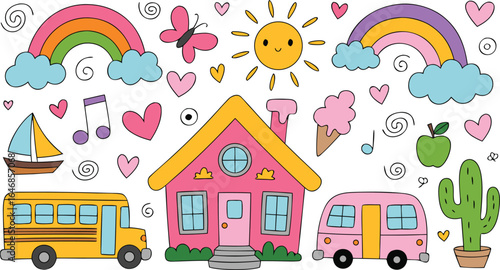 Whimsical Cartoon Illustration Rainbows, Sun, House, Buses, Hearts, Apple, Cactus, and other Playful Elements