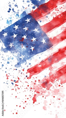 Abstract watercolor usa flag with stars and stripes in red white and blue. Independence Day