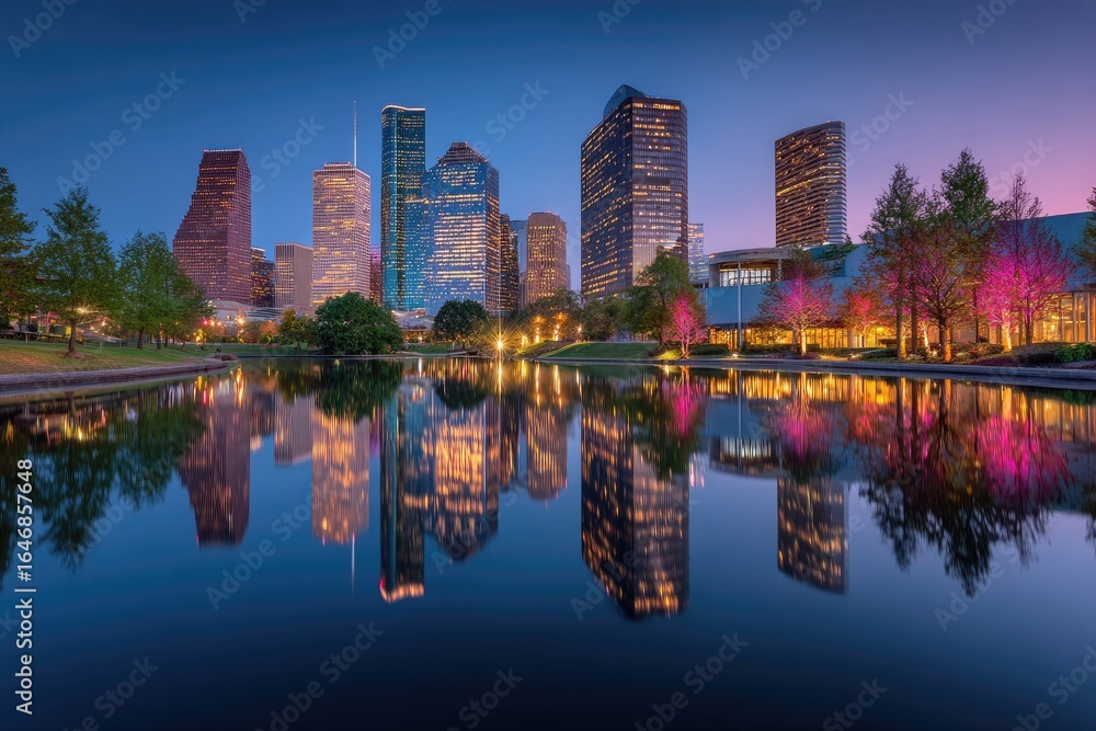 Fototapeta premium Houston skyline at dawn, reflected in a tranquil pond