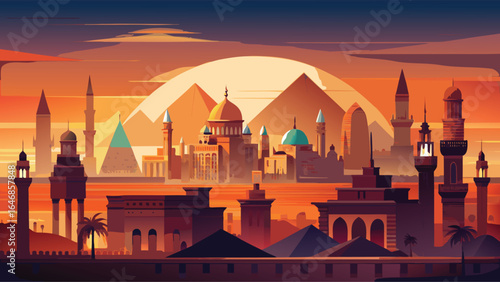Artistic depiction of an Egyptian city at sunset, featuring warm hues and iconic structures against a fading light.