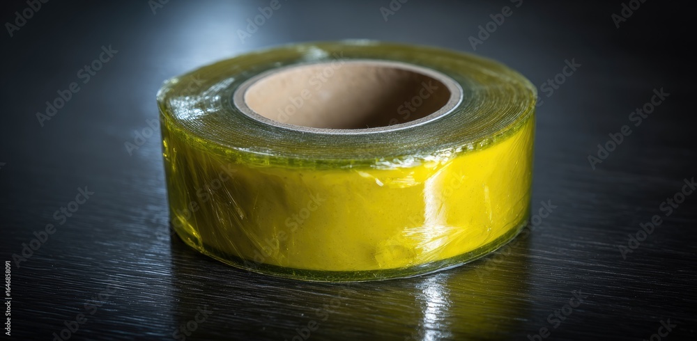 Rolled-up yellow tape on dark surface Rolled-up yellow tape on dark surface