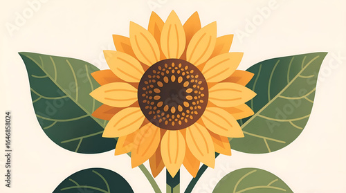 Wallpaper Mural ​A vibrant sunflower with bright yellow petals and a dark brown center is surrounded by large green leaves, set against a light background. Torontodigital.ca