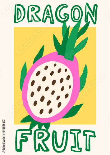 Summer tropical exotic fresh fruits vector illustration. Bold bright poster design with dragon fruit, pitahaya
