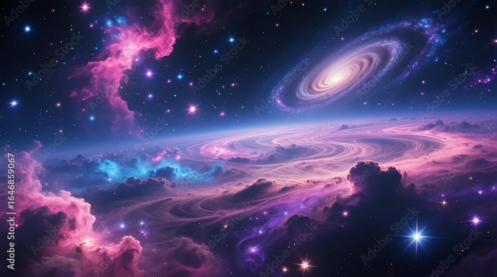 Obraz premium ​Luminous spiral galaxies drift through a celestial sea of pink and purple nebulas, with countless stars illuminating the cosmic clouds in deep space.