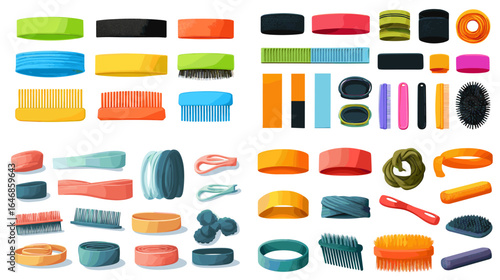 Collection of colorful brushes and combs in various shapes and styles, isolated on white background, perfect for beauty, hair care, and grooming designs.