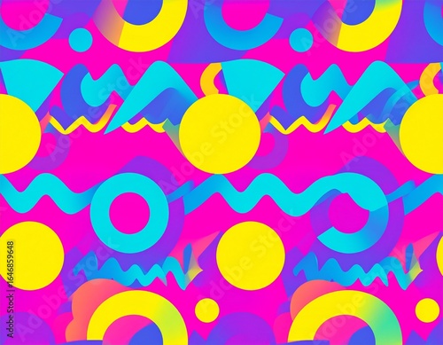 Vibrant geometric pattern with circles, waves, and zigzags in pink, blue, and yellow.