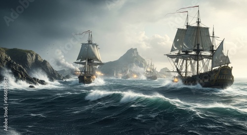 Naval battle scene with sailing ships in rough seas