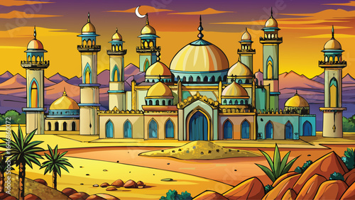 Colorful cartoon of an Arabic mosque set against a backdrop of a vast desert.

