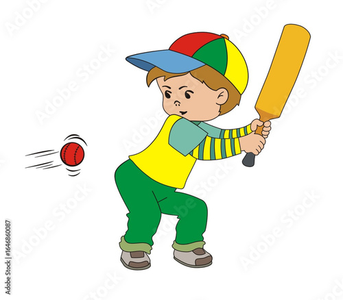 Close-up vector illustration of a cartoon cricket player in mid-swing, striking the ball from the front view.