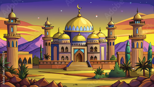 Colorful cartoon of an Arabic mosque set against a backdrop of a vast desert.
