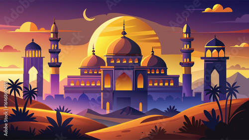 Colorful cartoon of an Arabic mosque set against a backdrop of a vast desert.
